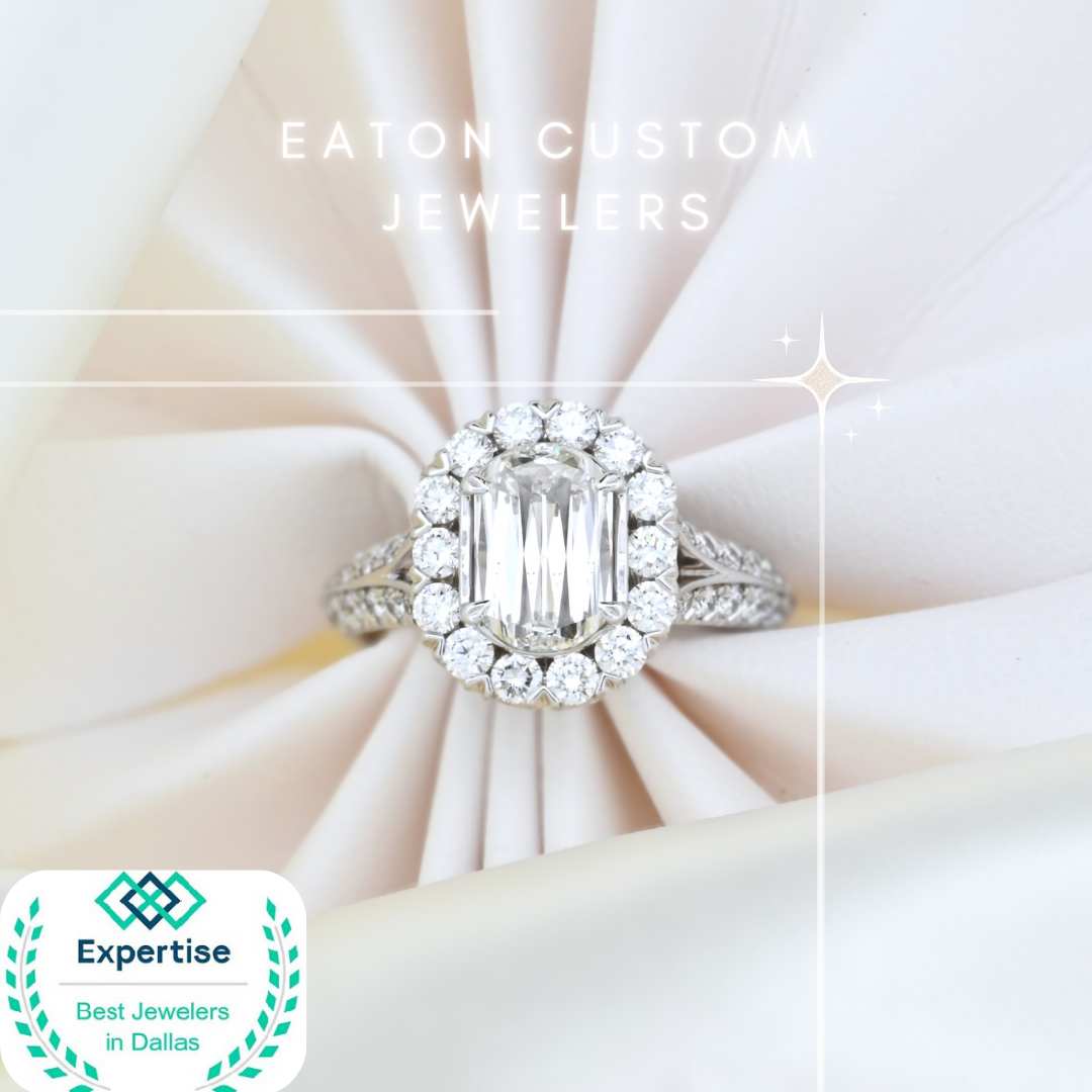 Custom jewelry design Plano featuring a diamond engagement ring by Eaton Custom Jewelers, handcrafted elegance, Emerald cut diamond halo ring by Eaton Custom Jewelers, custom jewelers dallas craftsmanship
